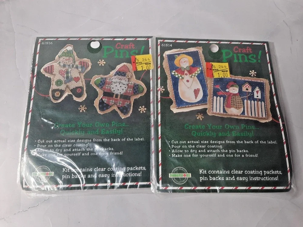 Vintage Dimensions Craft Pins Set of Two Kits Christmas Santa Snowmen